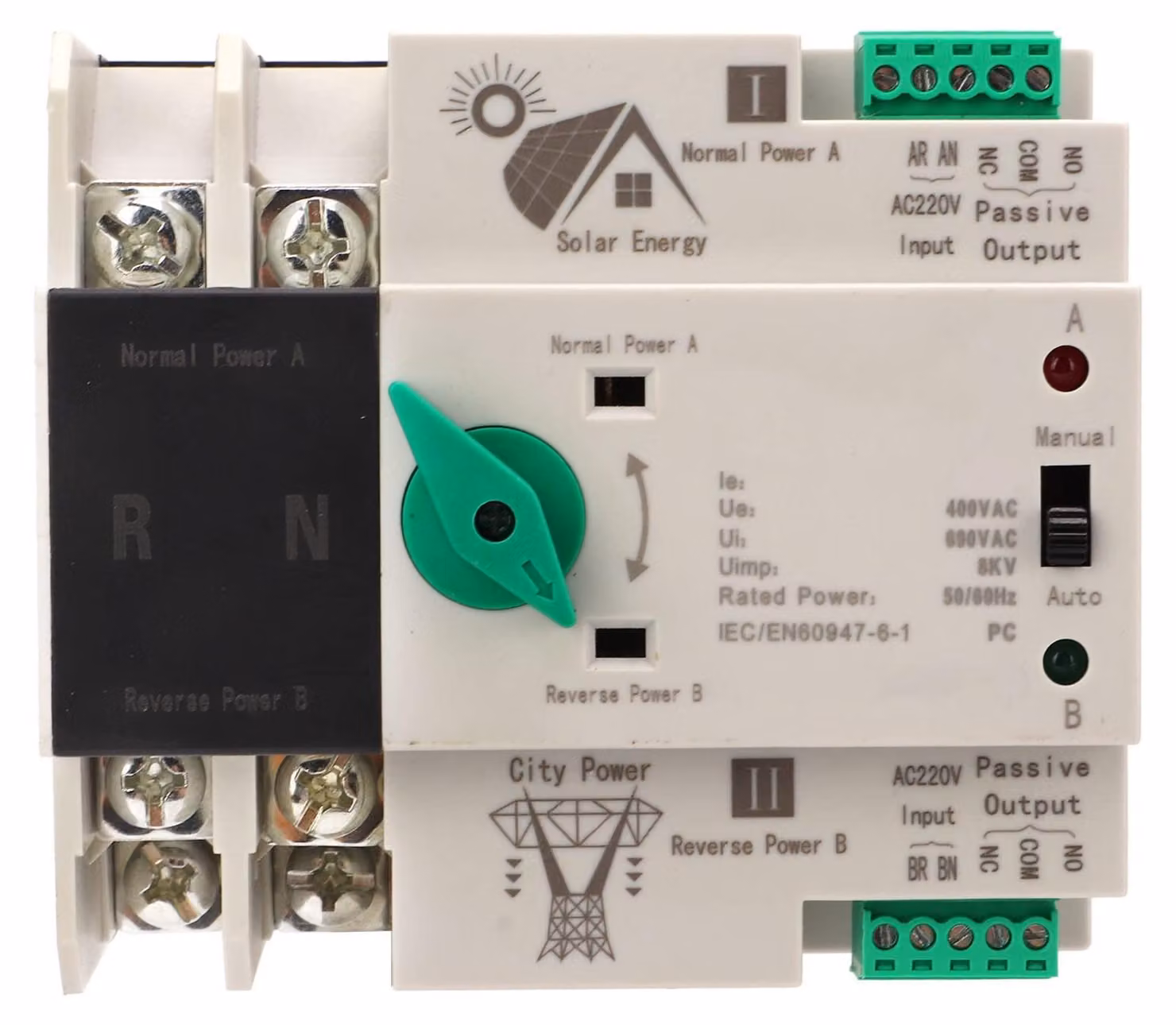 Interruttore automatico ATS 2P 63A 400V AC per sistemi di alimentazione di emergenza (UPS) e impianti solari