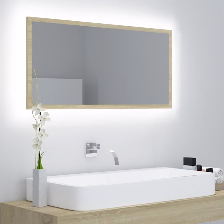 Specchio da bagno moderno vidaXL con luce LED in rovere sonoma, L: 90 cm, P: 8,5 cm, H: 37 cm