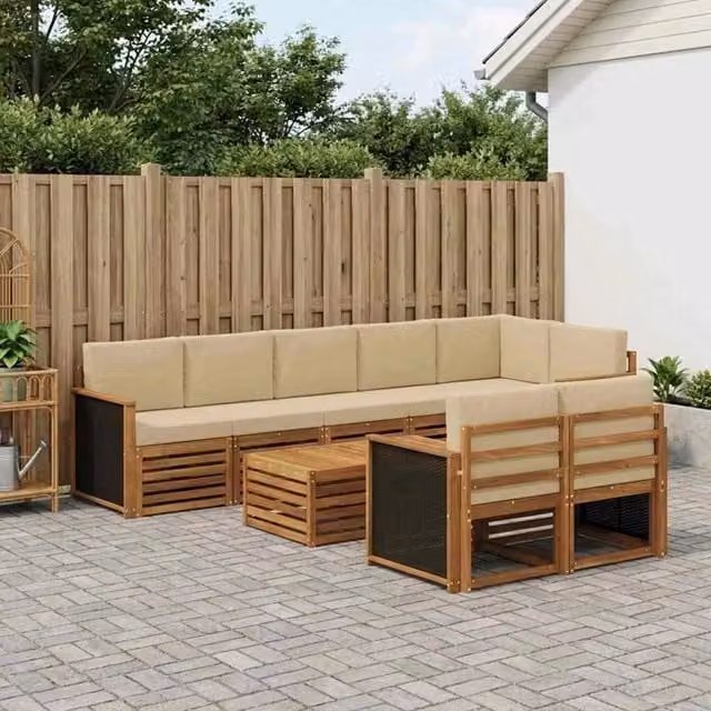 Set di divani da esterno vidaXL in legno di acacia con cuscini beige e marrone, 8 pezzi