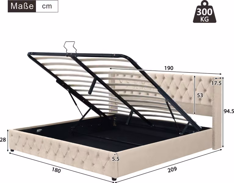 Letto imbottito Sweiko a forma di orecchio doppia fila di rivetti in flanella, cuciture a bottoni testa e piedi, letto matrimoniale 180*200 Letto funzionale idraulico La parte inferiore del letto è rivestita di tessuto non tessuto nero repellente allo spo