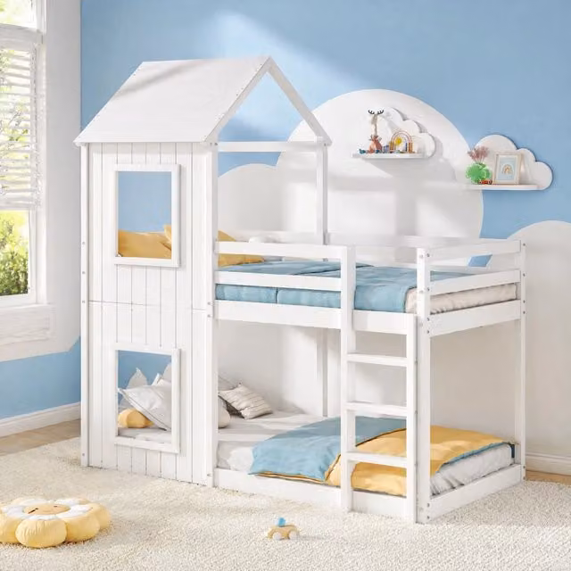 Letto a castello per bambini Mivray con design casa sull'albero in legno di pino e MDF bianco, L/P/H: 90 x 200 x 120 cm