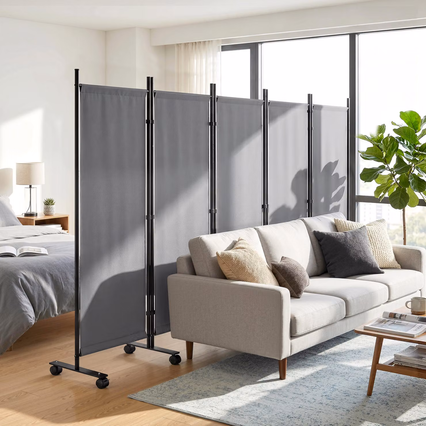 Paravento pieghevole Outsunny a 5 pannelli con 12 ruote, Grigio scuro, L: 252 cm, P: 40 cm, H: 170 cm – 2
