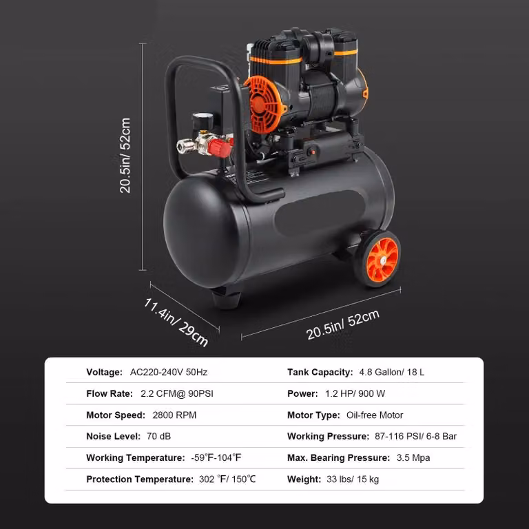 Compressore d'aria silenzioso e senza olio - Compressore d'aria - Compressore d'aria per pneumatici - Basso livello di rumorosità (70 dB) - Capacità di 4,8 galloni