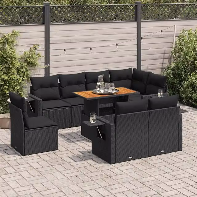 Set Divani da Giardino 9 pz con Cuscini Nero in Polyrattan 3327163
