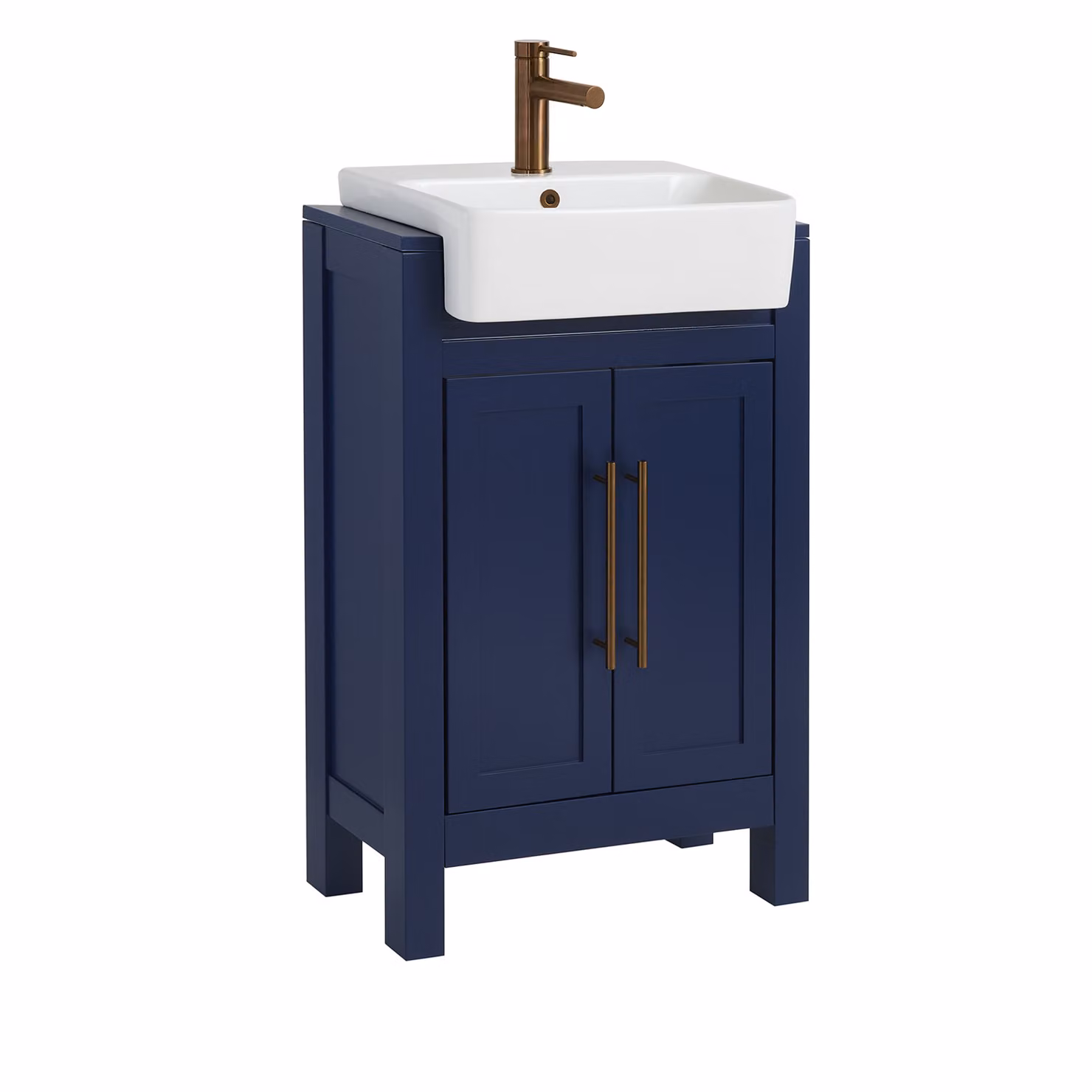 Mobile Bagno Blu Marino da 550mm con Lavabo e Maniglia Moderna con Barra a T in Rame Satinato - Warwick