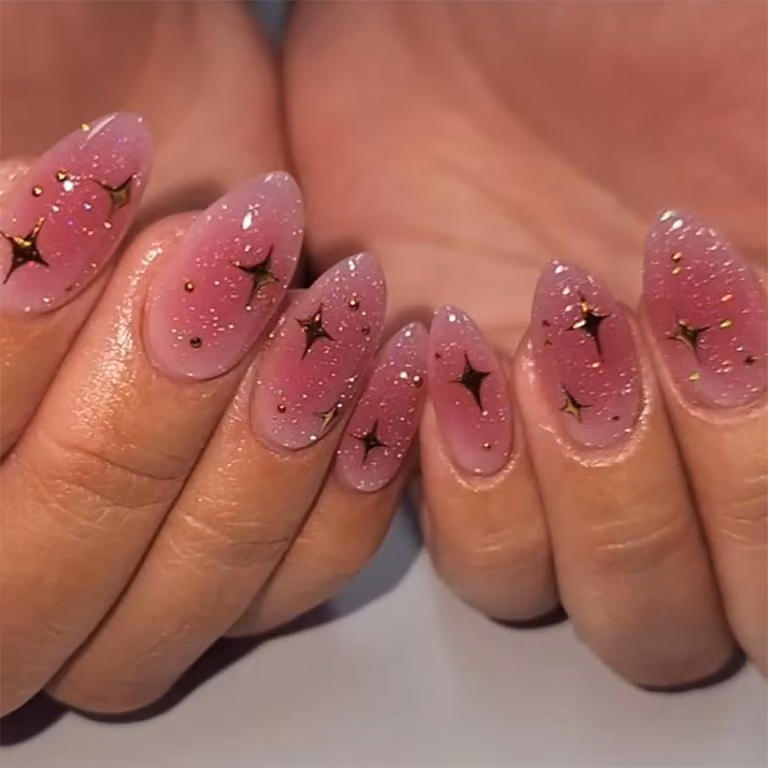 Unghie finte a mandorla, corte, rosa acceso con glitter a forma di stella, confezione da 24 pezzi