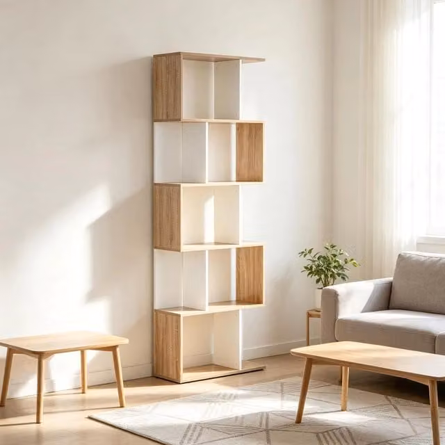 Libreria 60x24x184.5 cm con 5 ripiani a S in truciolare rovere e bianco