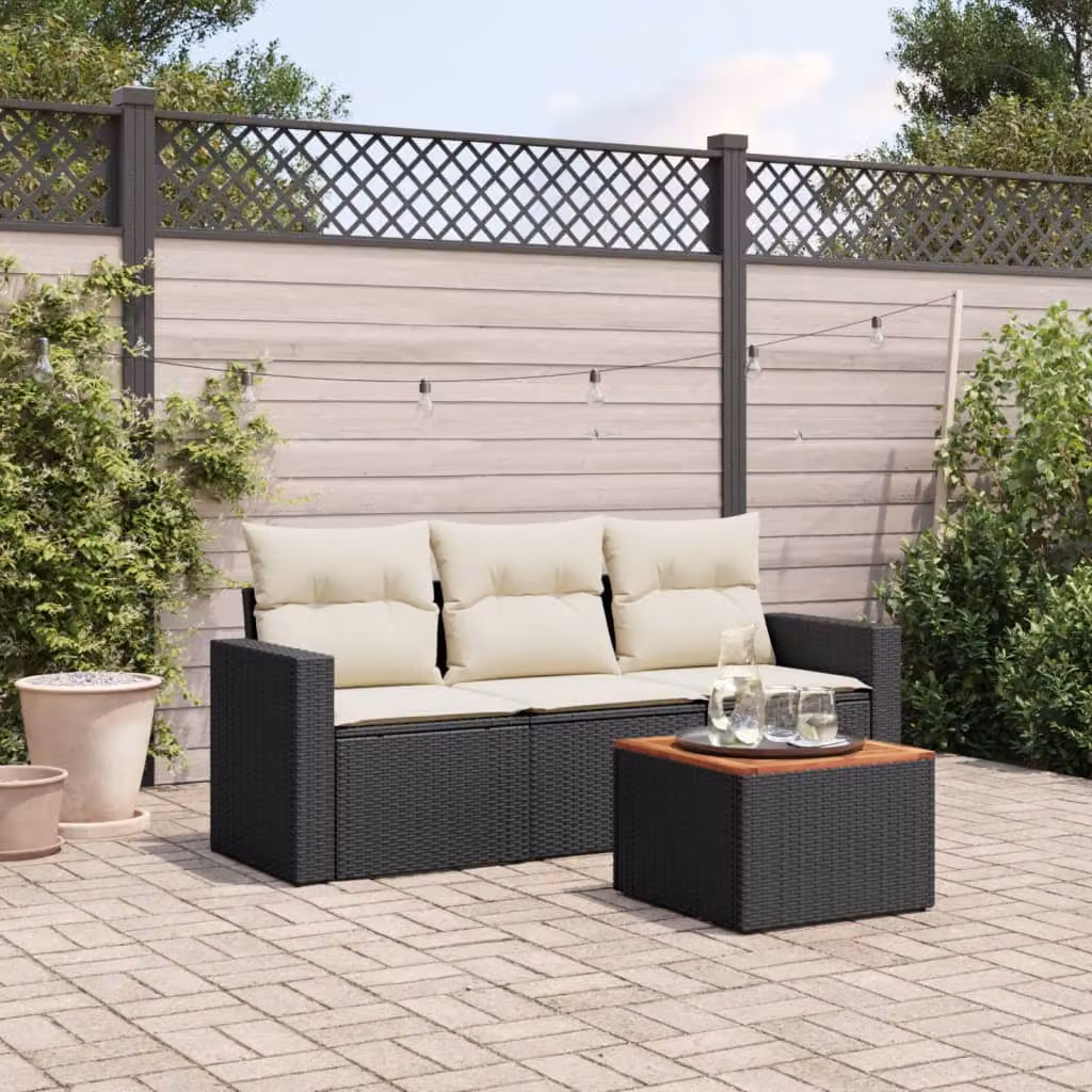 Set di divani da giardino vidaXL in polyrattan nero con cuscini inclusi e tavolino da esterno – 1