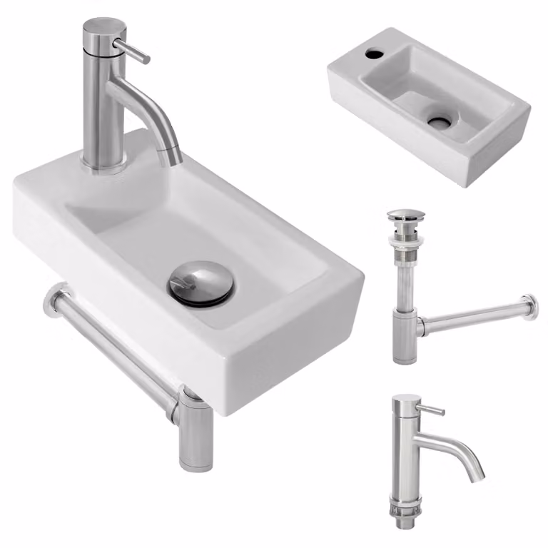 Lavabo piccolo bianco, dimensioni 370x185x90 mm, completo di rubinetteria, da montare a parete