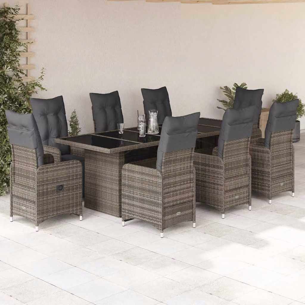 Set Bistrò da Giardino vidaXL 9 pz in Polyrattan e Metallo con Cuscini e Piano in Vetro Grigio