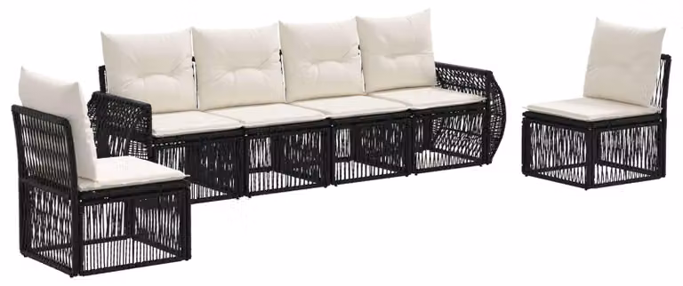 Set di divani da giardino, 6 pezzi, colore nero e crema, in rattan sintetico
