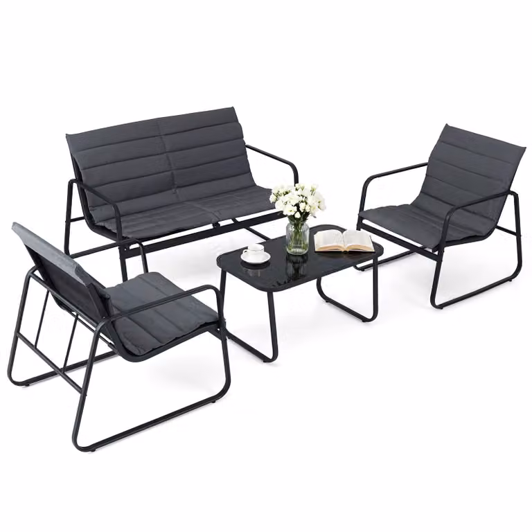 COSTWAY Set di mobili da giardino 4 pezzi, mobili da salotto per esterni con 2 sedie, panca, tavolo e cuscini, set di sedute mobili da giardino per il patio