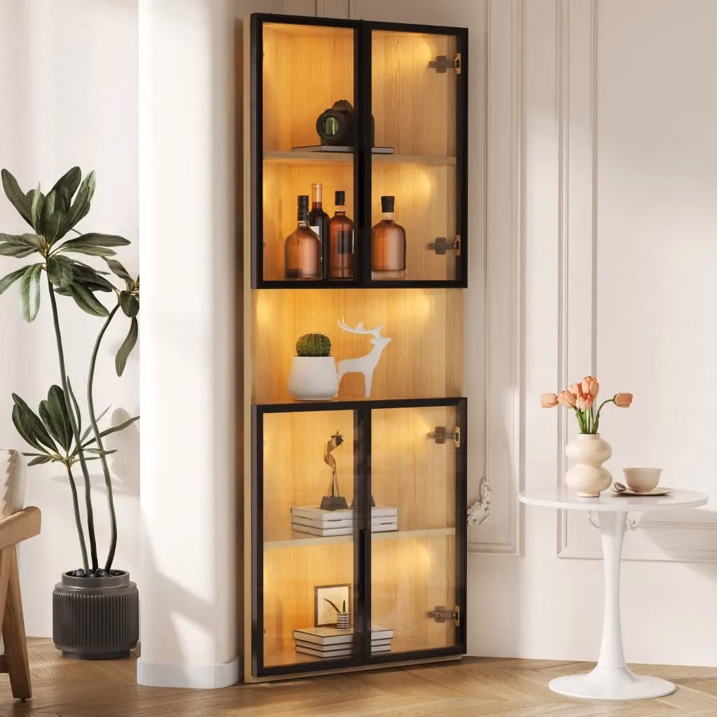 Vetrina angolare Mivray con LED integrati, ante in vetro temperato e chiusura ammortizzata, colore rovere, L: 62 cm, P: 32 cm, H: 160 cm