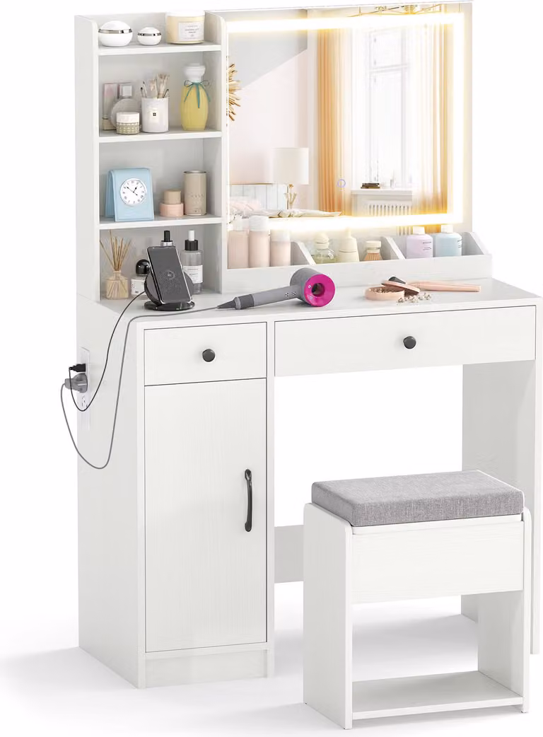 Tavolino da toilette COSTWAY, set da toilette con specchio LED, sgabello, prese di corrente, armadietto, 2 cassetti, 3 ripiani e 3 scomparti Tavolino per cosmetici 90x40x135cm Bianco