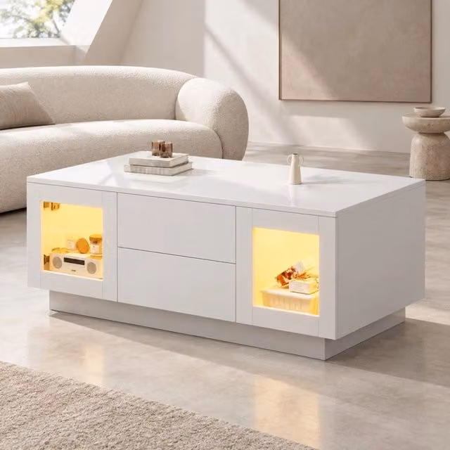 Tavolino da salotto fisso con 2 cassetti e 2 ante con LED controllabile da app e voce per soggiorno 100×50×40 cm