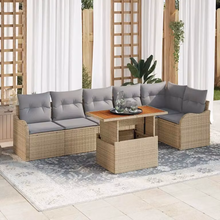 Set Divano da Giardino vidaXL 7 Pezzi a Forma di L con Cuscini, Tavolino e Struttura in Acciaio e Legno di Acacia, Grigio e Beige