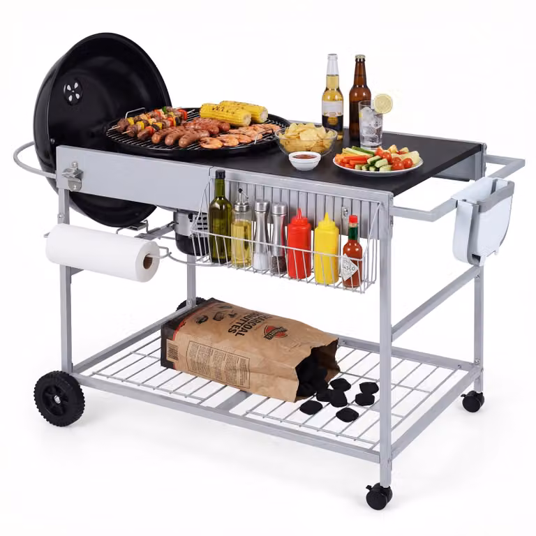 Carrello per barbecue da esterno COSTWAY, carrello di servizio per barbecue a sfera da 45-55 cm, tavolo da barbecue con 4 rotelle, supporto per coperchio, ripiano per spezie e cestino dei rifiuti, tavolino mobile