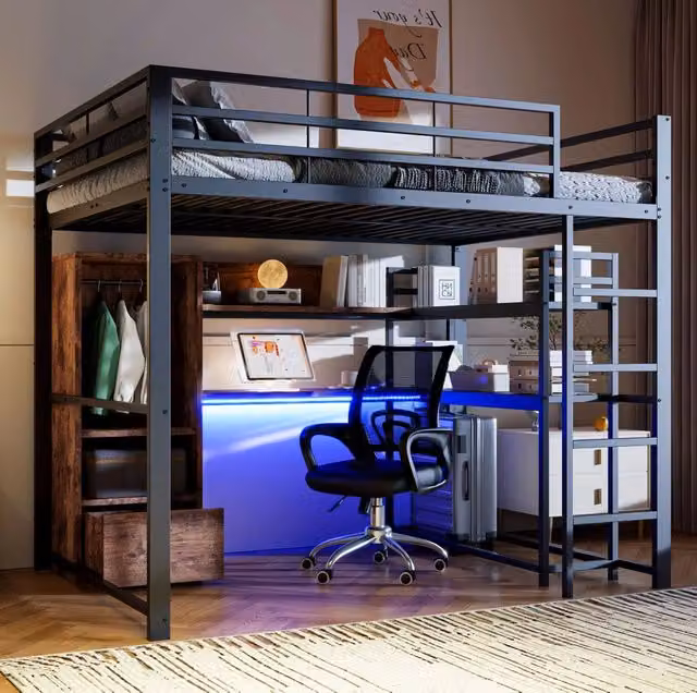 Letto a soppalco 140x200 cm in metallo e MDF con scrivania; LED e spazio contenitivo; nero