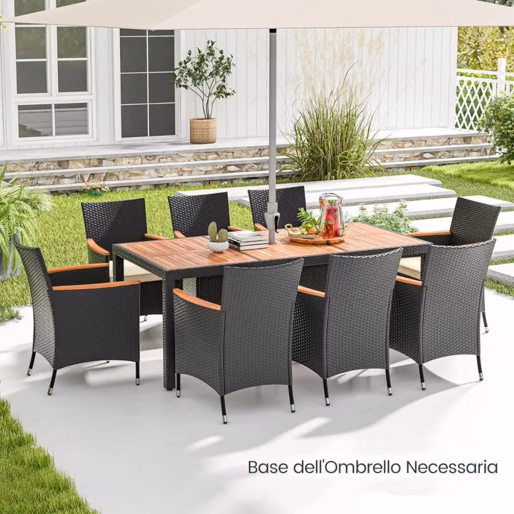 Set da pranzo da esterno 9 pezzi con tavolo rettangolare in legno di acacia nero e sedie in polyrattan per giardino e terrazza – 2