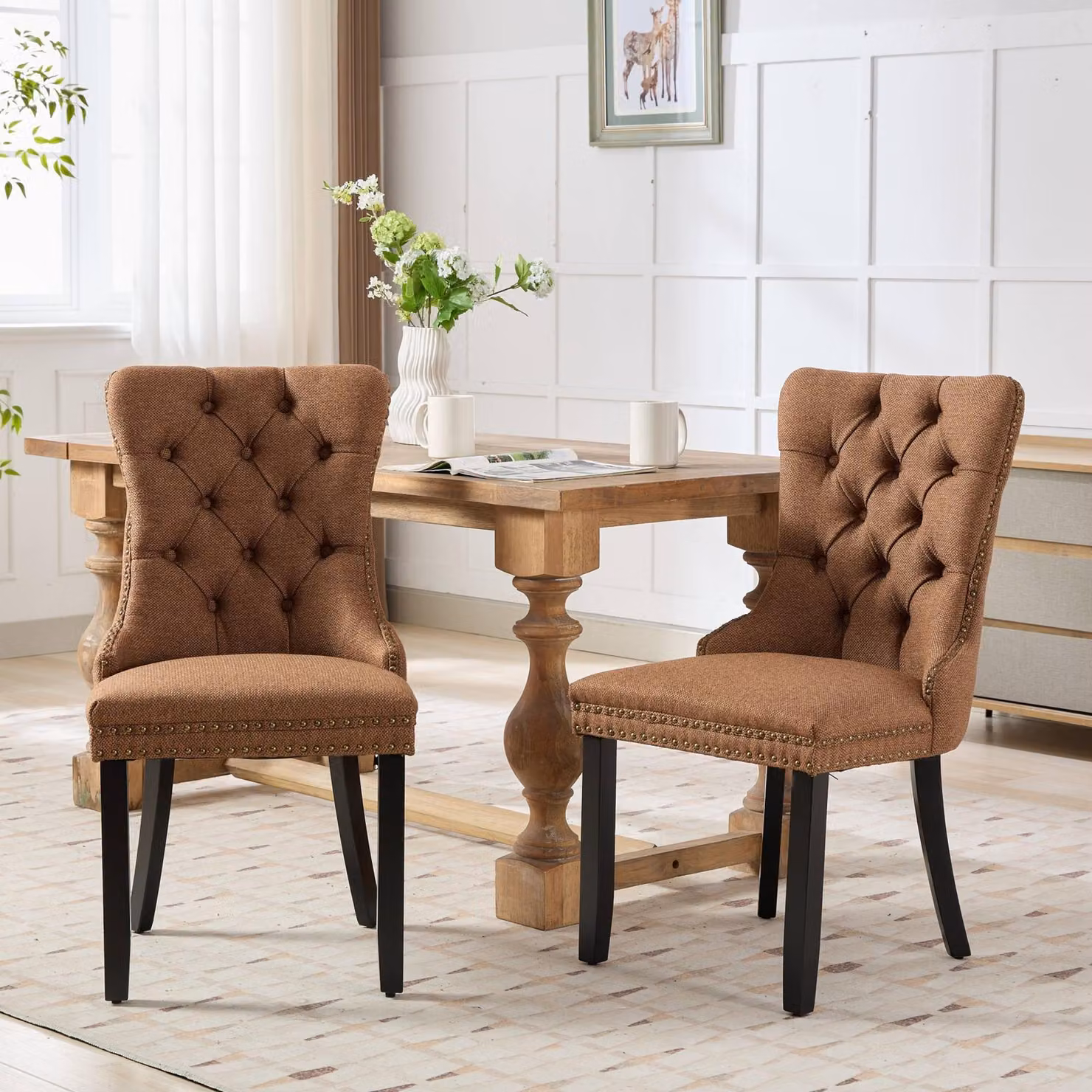 Sedia da pranzo, sedia da pranzo di alta qualità in legno massello in stile moderno con rivestimento in lino, gambe in legno e chiodi decorativi, set di 2 pezzi