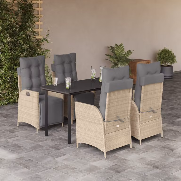 Set Pranzo da Giardino vidaXL in Polyrattan con Tavolo in Vetro e 5 Sedute con Cuscini Beige Misto
