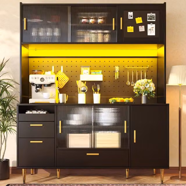 Mobili da cucina, credenza, illuminazione a LED, porte scorrevoli in vetro, gambe in metallo, 2 cassetti, nero