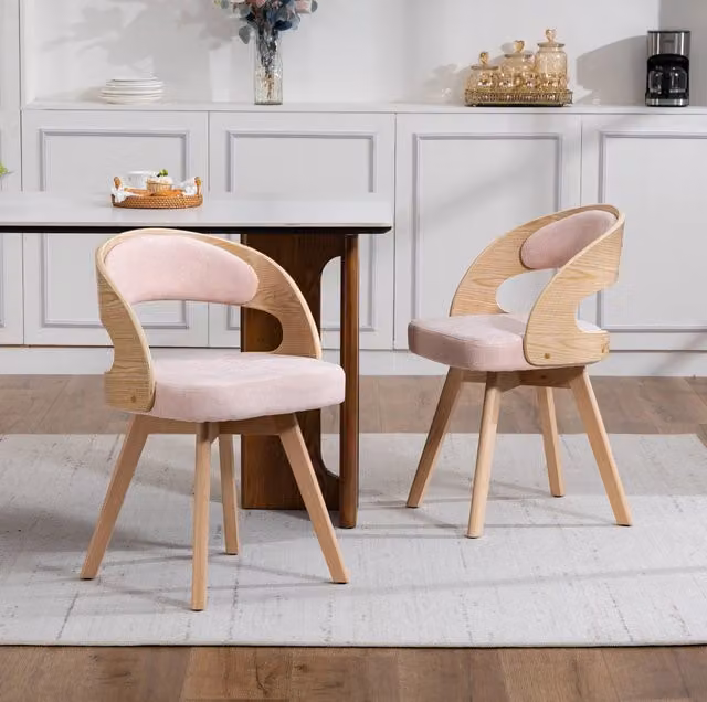 Set di 2 sedie da pranzo in legno con seduta girevole e cuscino in lino rosa, schienale ergonomico, 44x41x75 cm