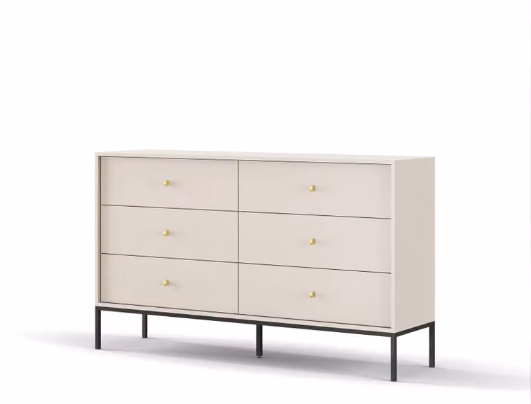 Comodino con sei cassetti, color beige, maniglie nere, dimensioni 154 x 39 x 83 cm