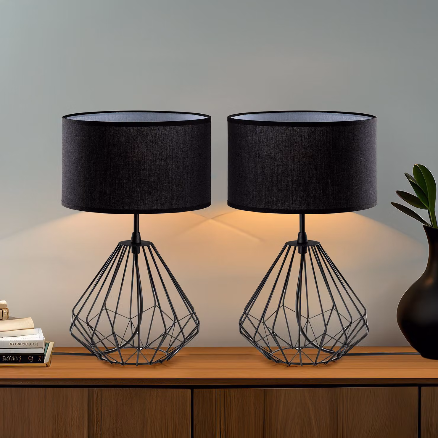 Opviq, set di lampade da tavolo di alta qualità (2 pezzi), nero, 25 x 25 x 43 cm | Struttura in metallo, paralume in tessuto, cavo da 200 cm, attacco E27, IP20 | Design moderno e industriale per ogni ambiente.