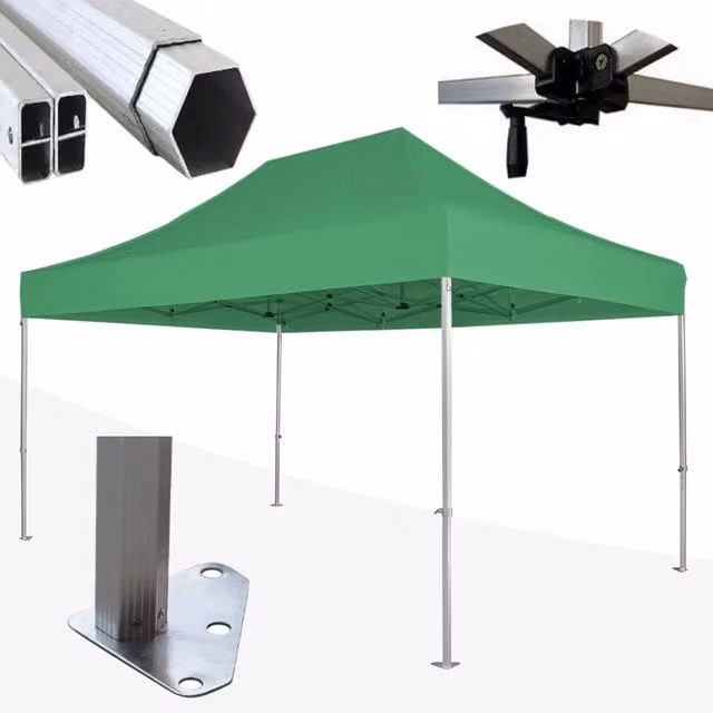 Gazebo 3x4,5 m verde SENZA laterali pieghevole alluminio piantone esagonale 45mm portatile estendibile richiudibile estensibile acciaio per fiere eventi stand chiosco tenda tendone mercato mercatino