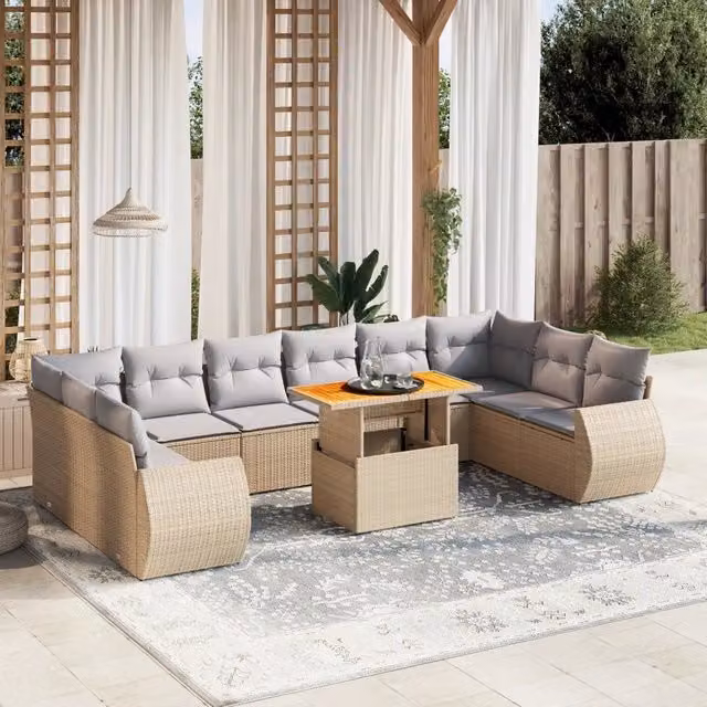 Set di Divani da Giardino VIDAXL in Polyrattan con Cuscini Beige, 11 Pezzi – 1