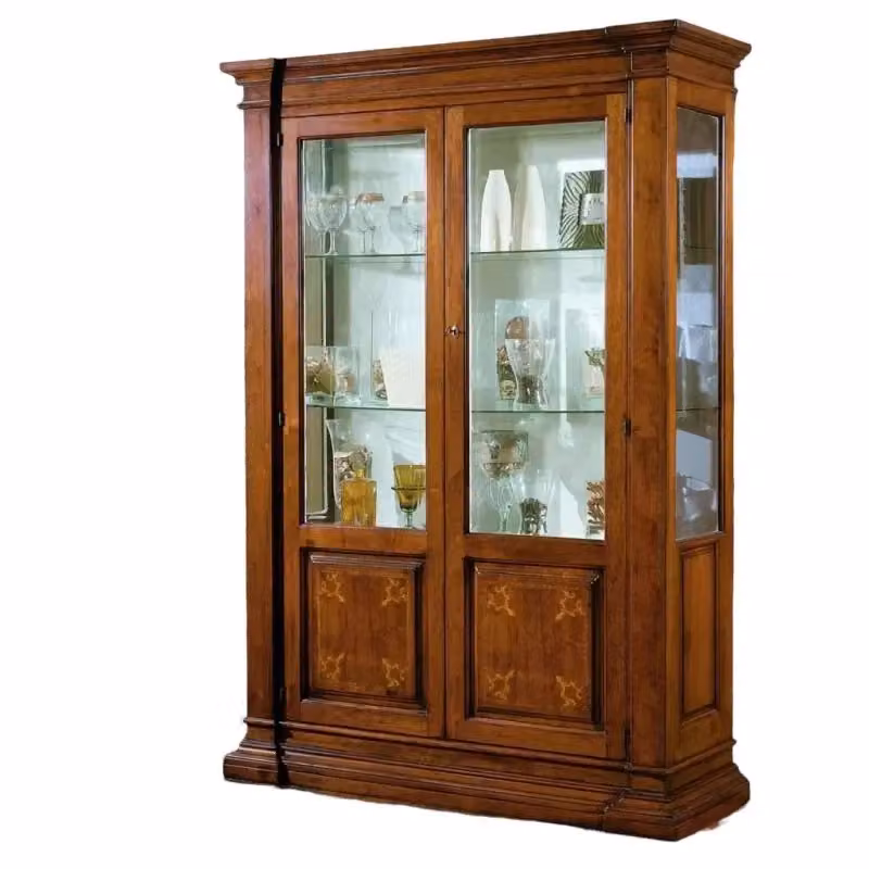 Vetrina classica in legno di faggio con ante in vetro e decoro floreale marrone Mobili 2G L: 150 cm, P: 54 cm, H: 216 cm – 2