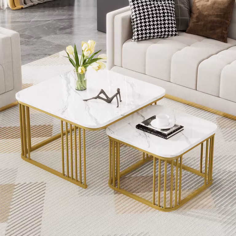 Set di tavolini STILVORA con finitura lucida, set da 2 tavolini da salotto con effetto marmo, tavolini con piedini regolabili in altezza, bianco + oro