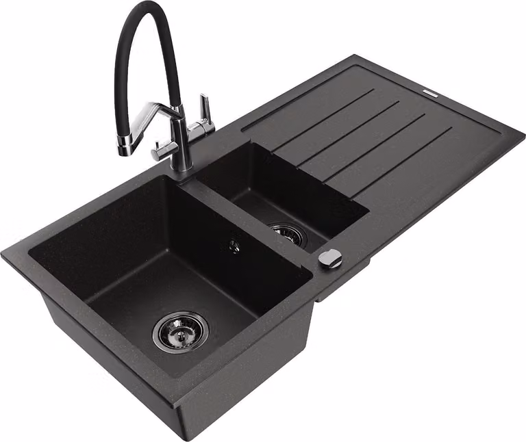 Mexen Andres lavello in granito 1,5 vasca con scolapiatti e miscelatore cucina Duo, nero/oro metallizzato - 6515-75-671701-07-B