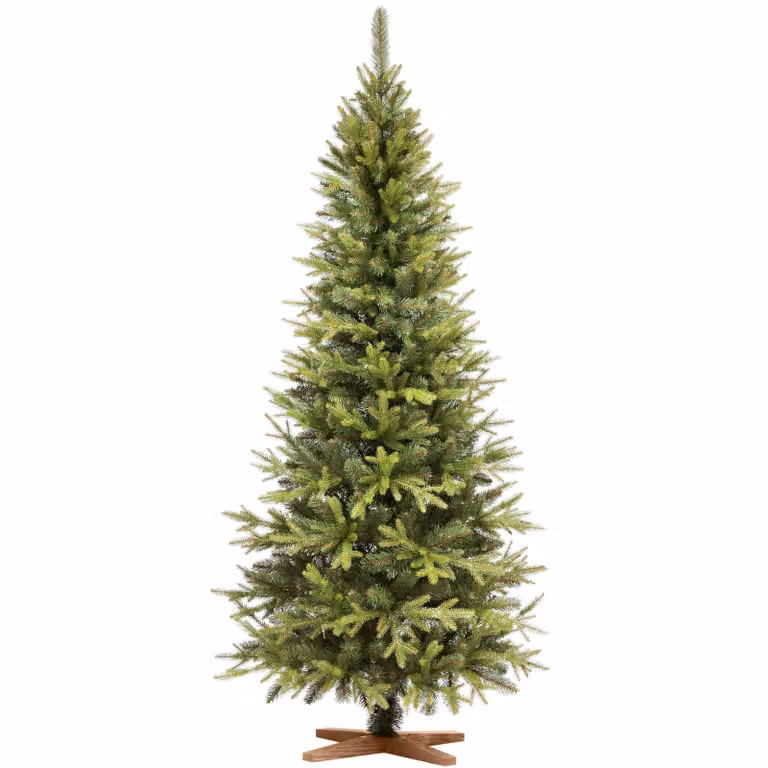 FAIRYTREES Albero di Natale 180 cm Nordman Premium SLIM | Elementi naturali realizzati ad iniezione| in UE | albero con supporto in legno di frassino fatto a mano