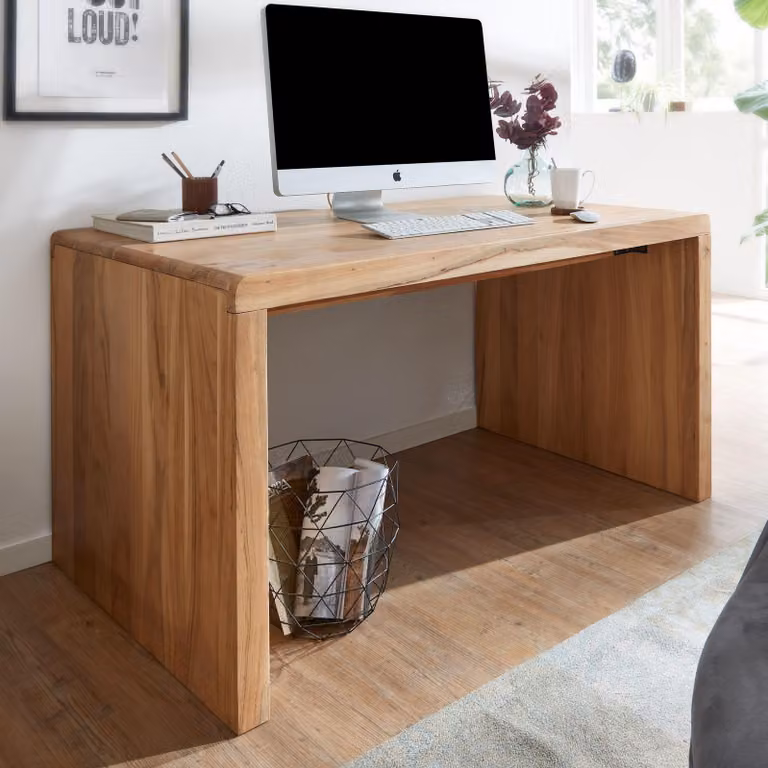FineBuy Scrivania in legno massello di acacia, 140 cm, scrivania per computer in vero legno, design con ripiano, scrivania da ufficio in stile rustico