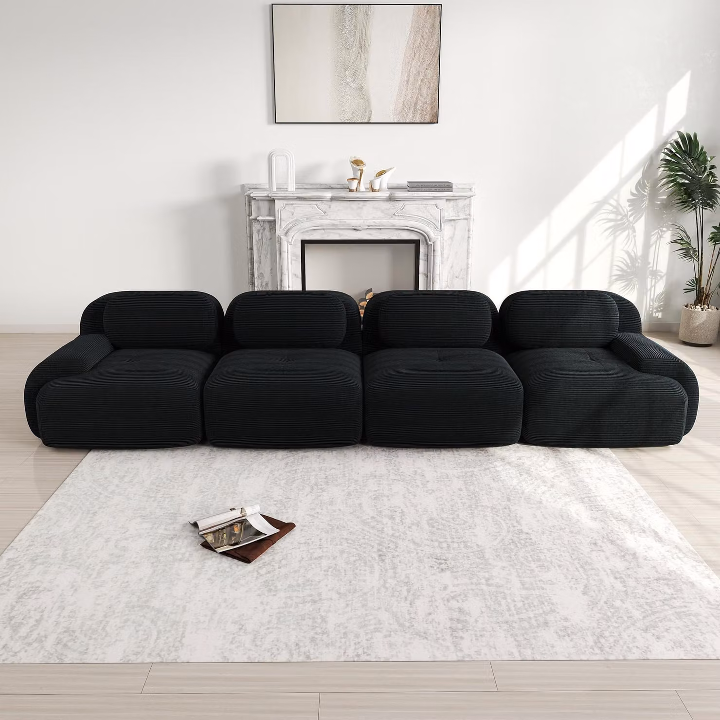 Divano Sweiko a 4 posti in morbido tessuto a coste, rivestimento altamente elastico 32D, adatto agli animali domestici ed ergonomico, confezionato sottovuoto, liberamente combinabile, senza montaggio per camera da letto e ufficio, Nero