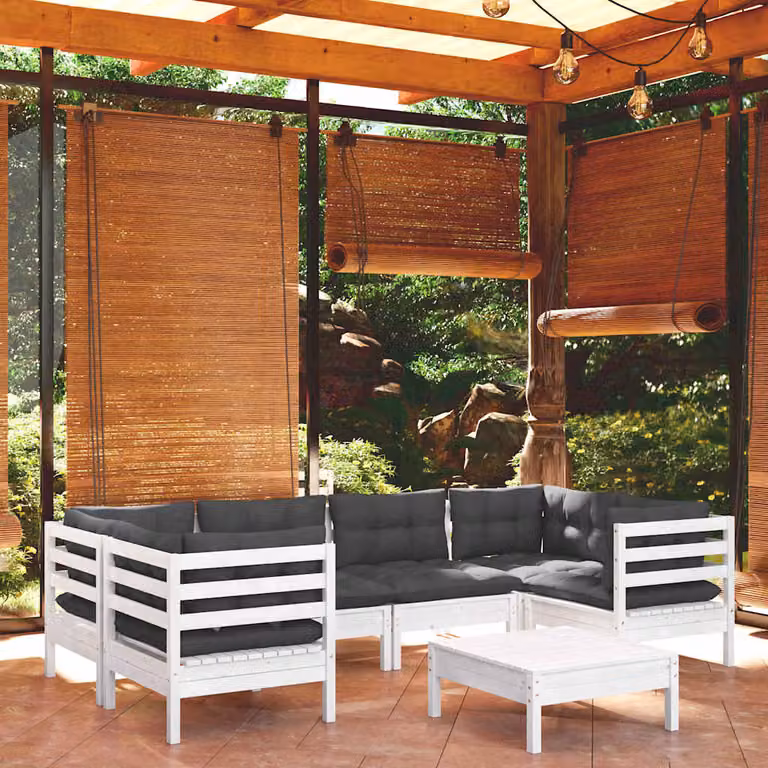 Set di divani da giardino vidaXL 7 pezzi in legno di pino con cuscini bianchi e antracite a forma di L con pouf e moduli angolari