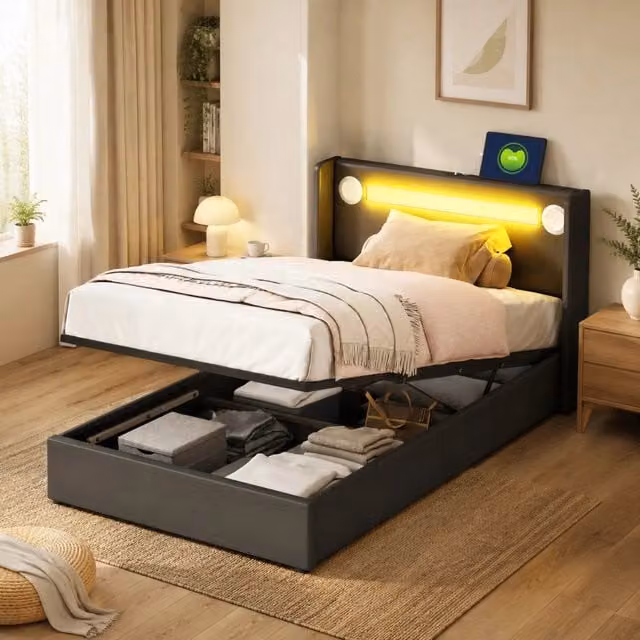 Letto imbottito ULEVR 90x200 cm con contenitore idraulico, LED, Bluetooth e 2 porte USB, nero