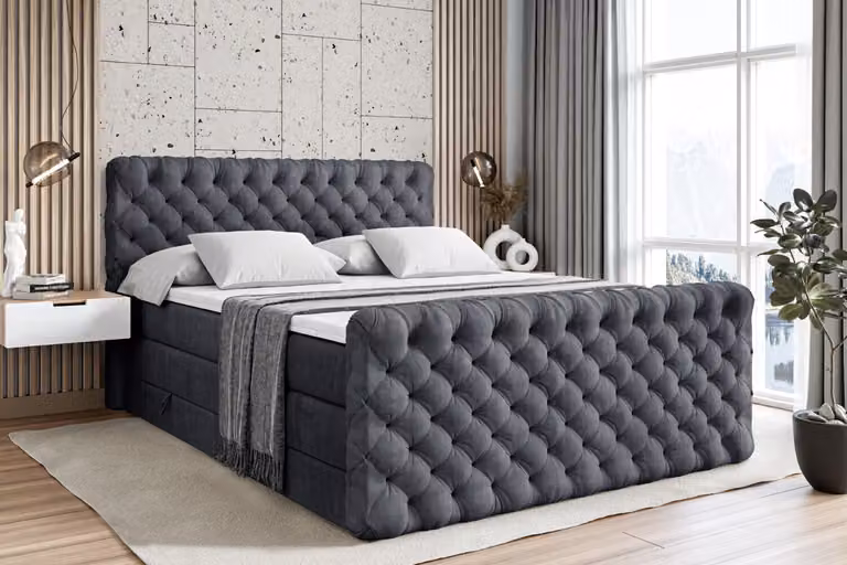 Letto boxspring ALTDECOR con pediera, 2 materassi e topper - 140x200 cm - BOXI8-Z KING - Velluto grigio scuro - Letto imbottito con materassi H3 e H4, contenitore e rete a doghe, letto con spazio contenitivo