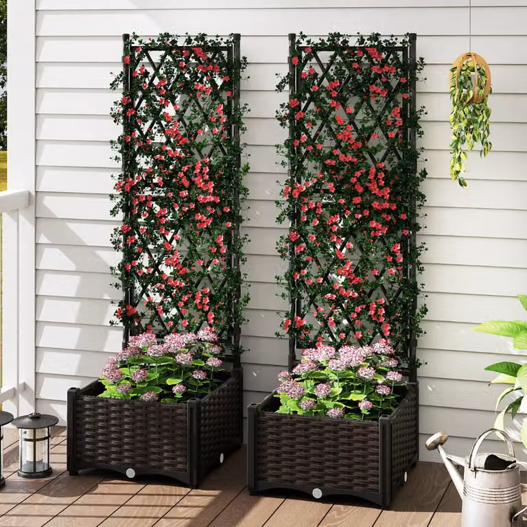 Costway Letto da giardino rialzato con tralicci e sistema di drenaggio in WPC Nero per orto e piante rampicanti L: 126 cm, P: 80 cm, H: 40 cm