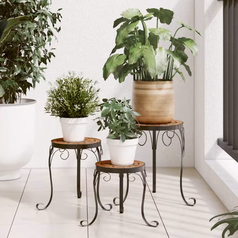 Set di 3 supporti per piante vidaXL in ceramica color terracotta e acciaio per piante da interno o da giardino