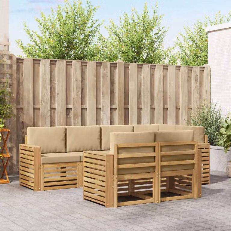 Set di divani da esterno vidaXL 7 pz a forma di L in legno di acacia con cuscini Bianco e Beige
