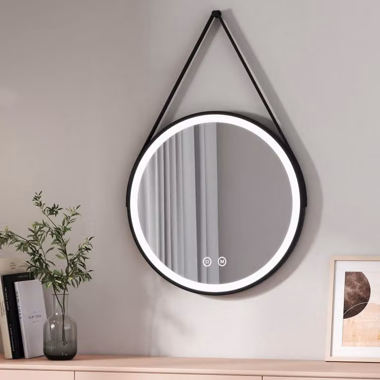 Specchio da bagno a LED, forma circolare, diametro 60 cm, interruttore touch, 3 tonalità di luce, colore nero