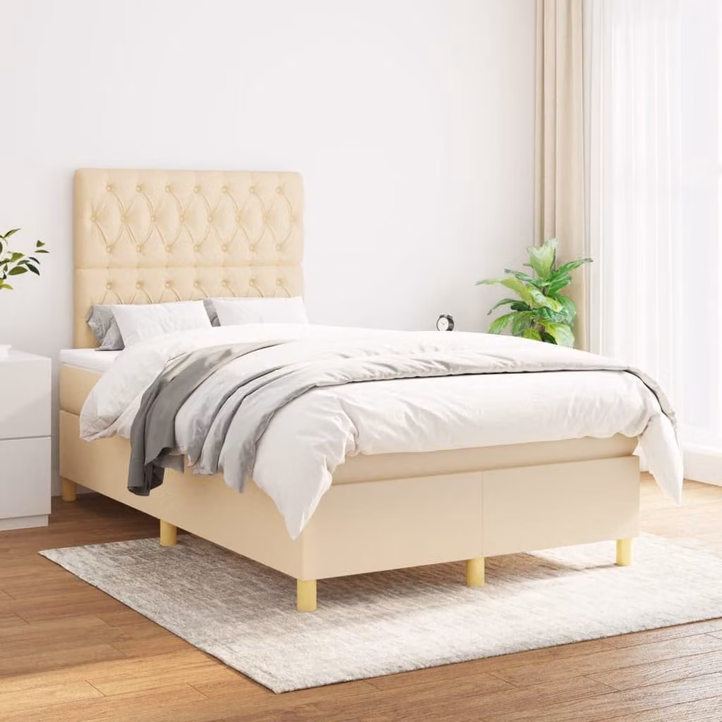 Letto Ibrido vidaXL con Giroletto a Molle e Materasso a Tasche in Tessuto Beige e Bianco L/P: 120 x 200 cm