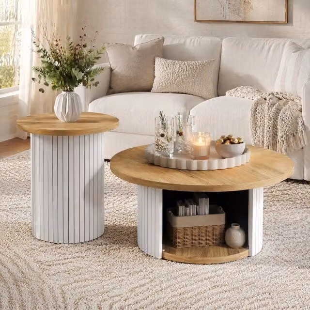 Set 2 tavolini da salotto ULEVR rotondi 75x75x50 e 45x45x35 cm, MDF naturale con vani portaoggetti