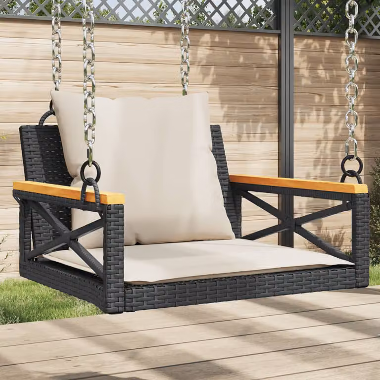 Panchina a dondolo vidaXL in polyrattan e legno di acacia oliato con cuscini, colore nero e bianco, L 63 x P 62 x H 40 cm