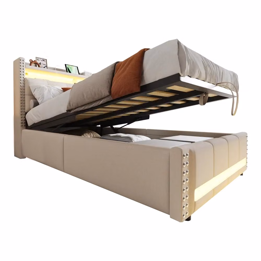 Letto singolo imbottito Minimal beige con contenitore idraulico, illuminazione LED e porta USB, L/P/H: 90 x 200 x 47 cm – 2
