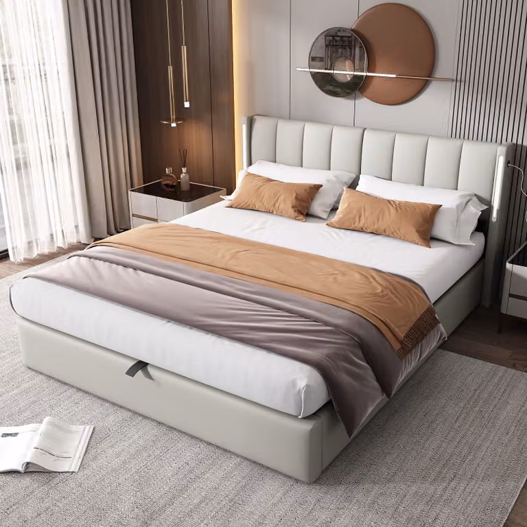 okwish Letto boxspring 140 x 200 cm con testata regolabile e porta di ricarica USB, vano portaoggetti idraulico, letto matrimoniale con illuminazione LED (senza materasso), grigio