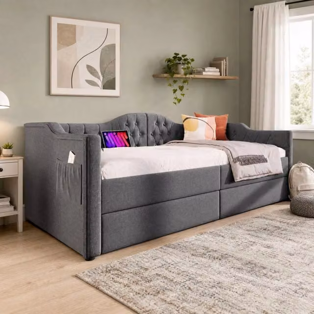 Letto singolo 90 × 200 cm con due cassetti porte USB e Type-C struttura in legno acciaio e MDF grigio